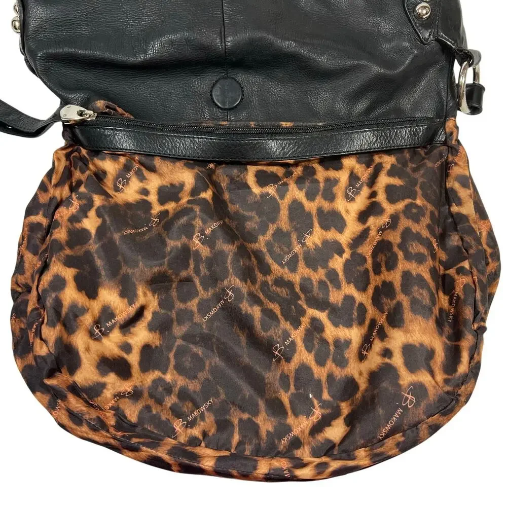 B. Makowsky Hobo Bag Purse Black Pebbled Leather Silver Studded Leopard Lining - Picture 7 of 11